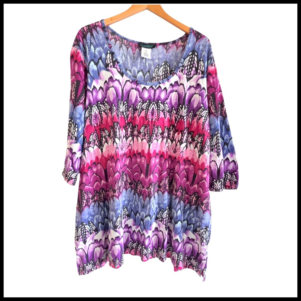 Ulla Popken Womens 4X 28/30 Relaxed Fit Cotton Top Purple Pink Butterfly Wing